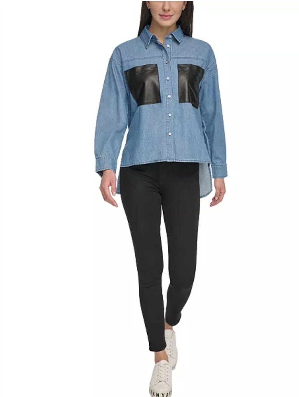 DKNY Blue Denim Button-Down Shirt with Black Faux-Leather Pockets Size XL Retro